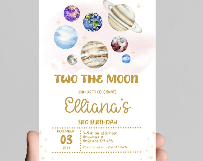 Two the moon and beyond! Space theme Girl 2nd birthday invitation, astronaut, outer space, rocket, edit and printable, digital