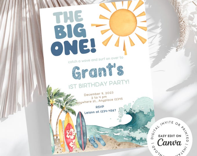 Surfing Baby Boy Invitation, The Big One, Tropical, Surfboard, Gnarly, Retro, Beach Birthday Invitation, E-invite, Printable Invite, Canva