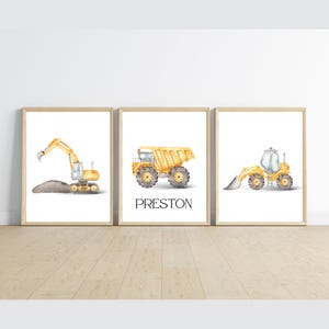 Construction truck room decor with NAME, wall art, dump truck, excavator, bulldozer, 11x14, set of 3 prints customizable, frame not included