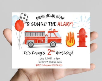 fire truck theme Birthday Invitation, grab your gear and sound the alarm, firefighter birthday party, fire hydrant, fire truck, dalmatian