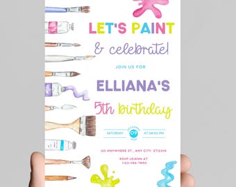 Art Birthday Invitation, Rainbow Paint, Gold Glitter (Instant Download)