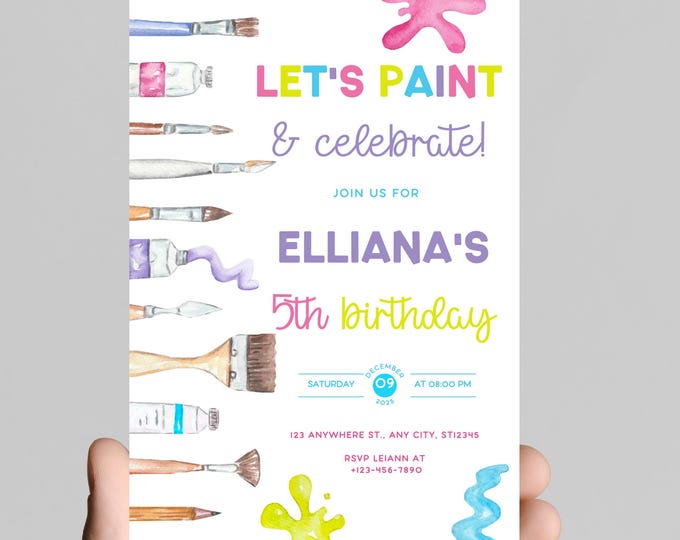 Art theme birthday invitation, rainbow paint,gold glitter, paintbrush, painting,girl birthday party, age customizable