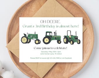 Tractor theme birthday invitation, Oh DEERE, His birthday is almost here! john deere tractors, green tractors, edit to any age