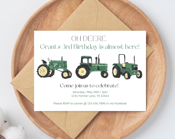 Tractor theme birthday invitation, Oh DEERE, His birthday is almost here! john deere tractors, green tractors, edit to any age