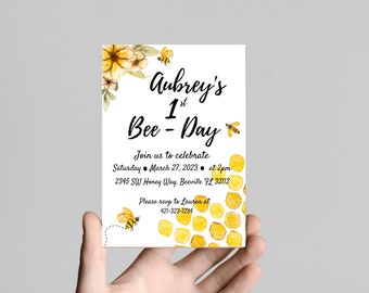 Bee day, honey bee 1st Birthday Invitation, 1st Bee-Day, First Birthday Party, Bees, gold, Honey, Sweet, Birthday Party, Bee-Day, Celebrate