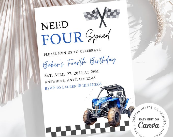 Need four speed ATV side by side theme 4th birthday boy invitation, rev your engine shift into gear, SXS, dirt, mud, printable, digital