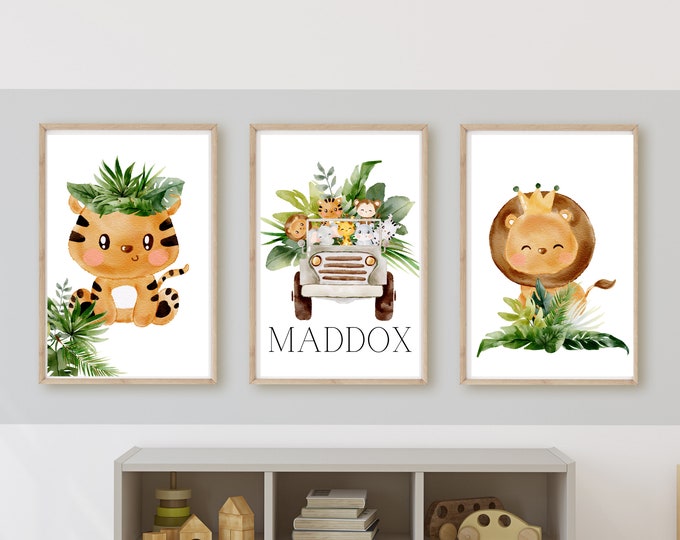 safari animals nursery wall art,  jeep buggy, zoo animals, customize the name, explore, digital download, printable wall decor, baby boy