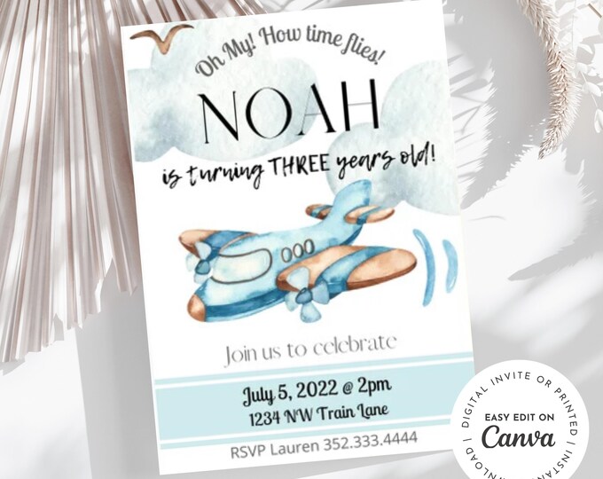 Airplane theme Birthday Invitation, How time flies, Let's celebrate, Birthday Party, airplanes, aviation, clouds, little boy Birthday
