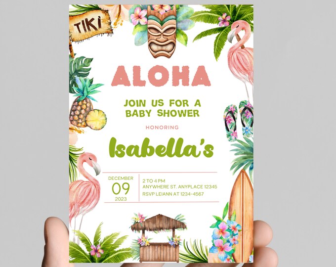 Hawaiian luau theme baby shower invitation, pink flamingo, tropical, baby girl, digital or printable