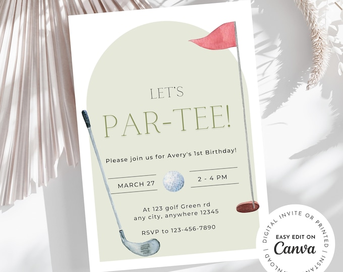 Golf birthday invitation, Let's PAR-TEE birthday invitation, golf theme, perfect for a little boy's birthday, age is customizable