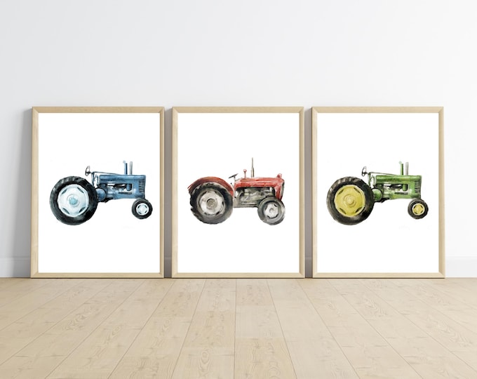 Vintage tractors nursery bedroom wall art decor, PRINTED and shipped 11x14inches, set of 3 printed on matte paper board, NOT framed.