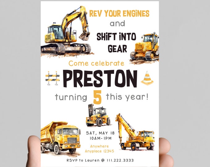 construction theme Birthday Invitation, join our crew to celebrate the birthday boy, edit to any age,  dump truck, excavator, bulldozer