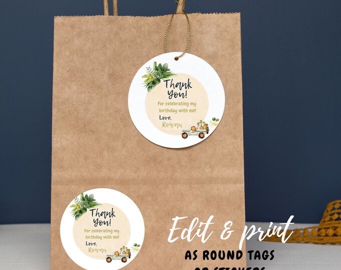 Party animal safari animal zoo animal theme round party favor tags or stickers, thank you for celebrating my birthday with me
