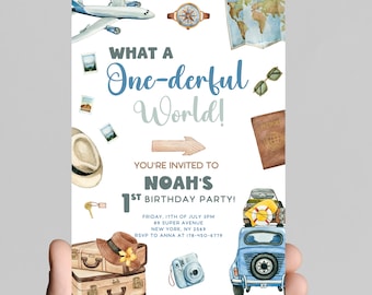 what a ONE-derful world theme 1st birthday party invitation, wonderful world, boy first birthday, printable, digital