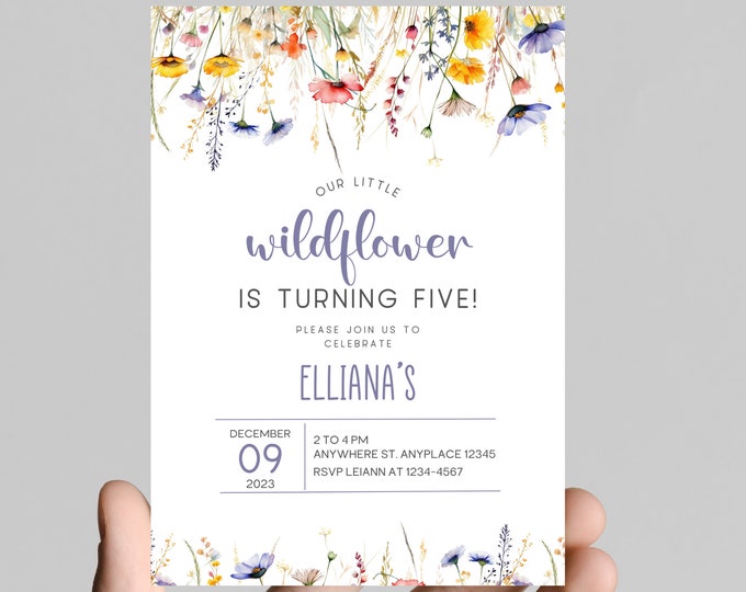 Our little wildflower, wildflower first birthday girl invitation, watercolor wildflower, floral, editable to any age