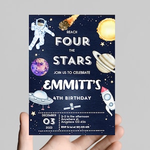May include: A blue invitation card with a space theme. It says "Reach for the Stars" and "Join us to celebrate Emmitt's 4th Birthday". The card features an astronaut, planets, a rocket, and a UFO. The date is December 03, 2023, and the time is 3-5 in the afternoon. The location is Anywhere st., Anyplace 123 456. The RSVP information is to Lei at 123-345-678.