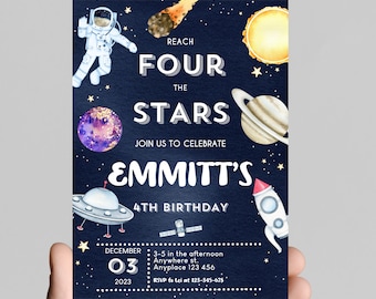 Outer Space 4th Birthday Invitation, Astronaut Rocket Theme (Digital)