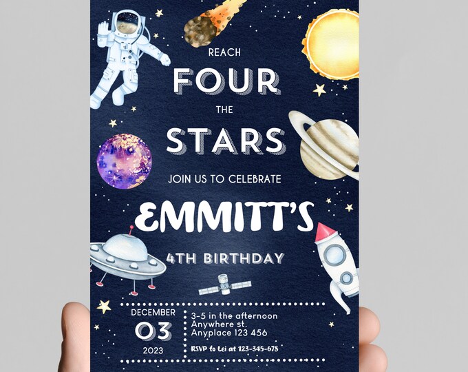 Reach for the stars, 4th Space theme boy birthday invitation, astronaut, outer space, rocket, edit and printable, digital