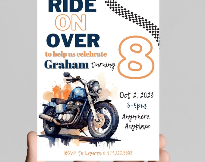 Ride on over, motorcycle theme any age birthday boy invitation, motorcycle, bike, street racer, editable, printable, digital