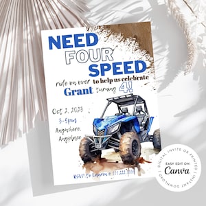 Need four speed ATV side by side theme boy’s 4th birthday party invitation, rev your engine shift into gear, dirt, mud, printable, digital