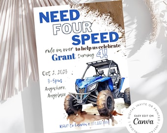 Need four speed ATV side by side theme boy’s 4th birthday party invitation, rev your engine shift into gear, dirt, mud, printable, digital