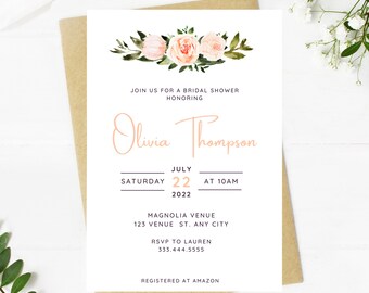 peachy tones of floral and greenery bridal shower invitation, Wedding, simple, minimalist, printable, editable, instant download template