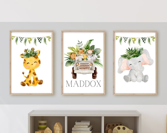 safari animals nursery wall art,  jeep buggy, zoo animals, customize the name, explore, digital download, printable wall decor, baby boy