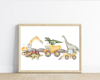 Dinosaurs and Construction trucks room decor, wall art, T-Rex, dump truck, excavator, bulldozer, 11x14, Dinos, digital download, printable