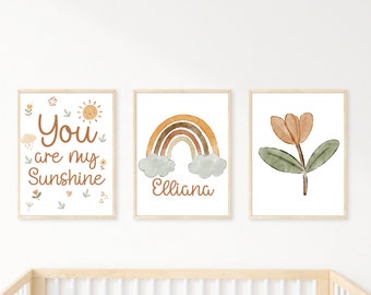 Boho Nursery Wall Art Prints, Rainbow, Sunshine, Flower (Digital Download)