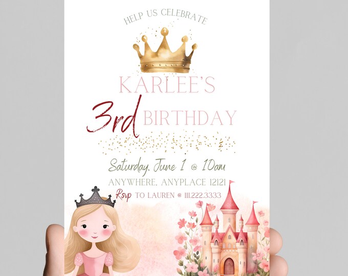 Princess theme birthday invitation, Princess castle, carriage, gold glitter, pink Princess, little girl birthday party, customizable