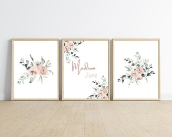 nursery wall art decor, light pink floral, pale pink floral and greenery, name art, minimalist, beautiful and simplistic,11x14, customizable