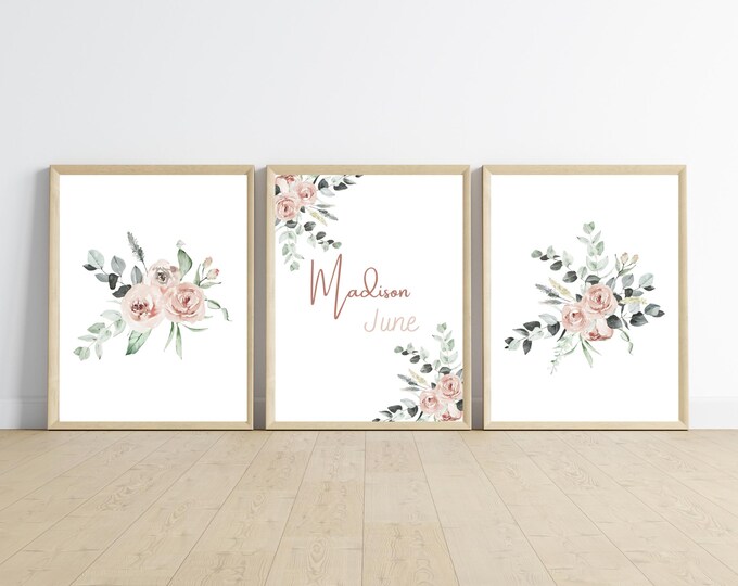 nursery wall art decor, light pink floral, pale pink floral and greenery, name art, minimalist, beautiful and simplistic,11x14, customizable