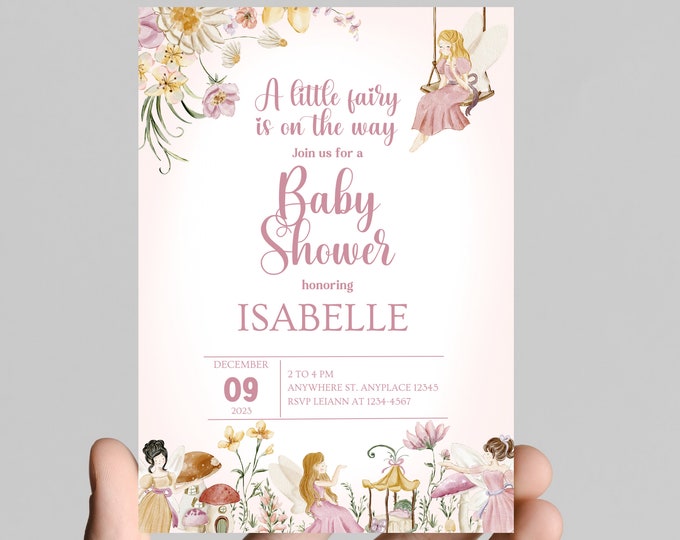 Fairy theme girl baby shower invitation, whimsicle, pink and gold glitter, come celebrate mom to be