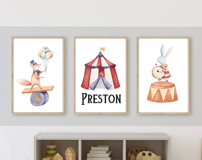 Vintage circus theme for baby boy nursery wall art or room decor, circus tent, circus animals, balloons, 11x14, set of 3 digital downloads