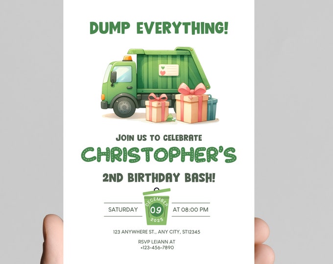 Boom, bang, crash, Garbage truck theme birthday Invitation, rubbage truck, recycle truck, celebrate the birthday boy! Editable, printable