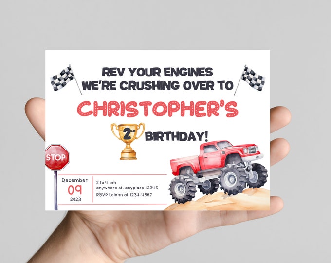 Monster truck theme Birthday Invitation, boom crash it's a monster truck bash! birthday boy, monster trucks, dirt, trucks