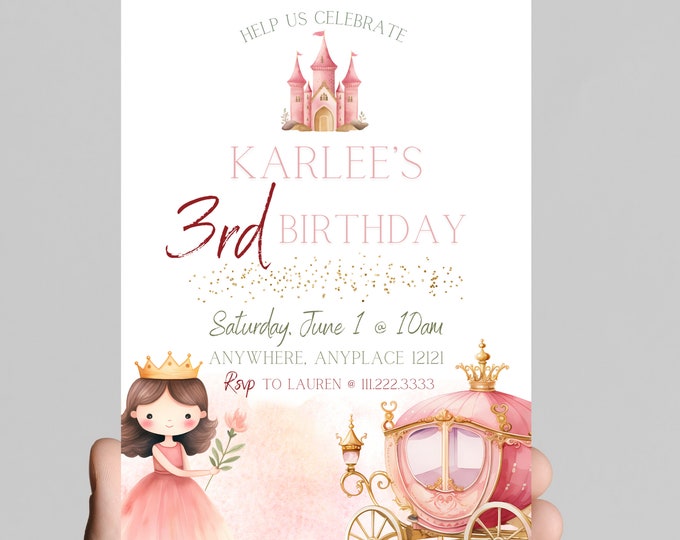 Princess theme birthday invitation, Princess castle, carriage, gold glitter, pink Princess, little girl birthday party, customizable