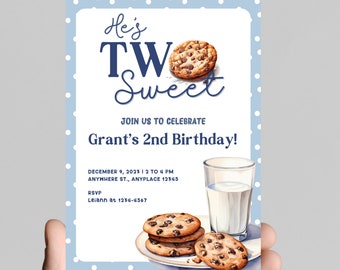 Two sweet! Milk and cookies theme 2nd birthday invitation, bakery sweets themed invitation for little one, chocolate chip cookies, printable