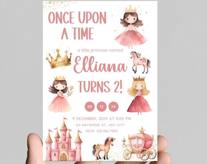 Princess theme birthday invitation, Princess castle, carriage, gold glitter, pink Princess, little girl birthday party, customizable