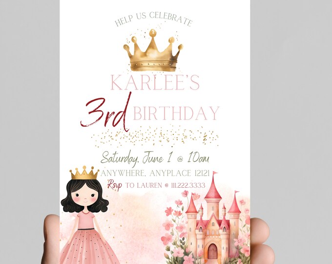 Princess theme birthday invitation, Princess castle, carriage, gold glitter, pink Princess, little girl birthday party, customizable