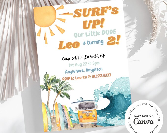 Surfing Baby Boy Invitation, 2nd birthday, Tropical, Surfboard, Gnarly, Retro, Beach Birthday Invitation, E-invite, Printable Invite, Canva