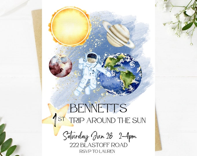 1st First trip around the sun Space theme boy 1st birthday invitation, astronaut, outer space, rocket, edit and printable, digital