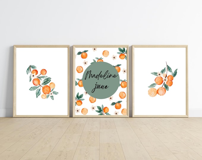 sweet clementine tangerine nursery wall art decor with baby's name, watercolor clementine orange tangerine, 11x14, customizable
