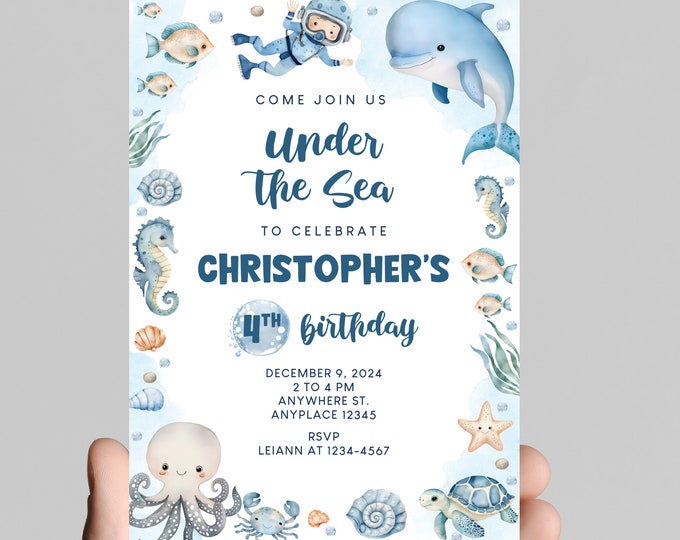Under the sea theme boy birthday party invitation, blue ocean animals, splish splash, edit to any age, deep sea, ocean