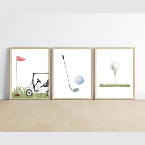 Sztuka ścienna z motywem golfa, mistrzowie, złote kije, piłka golfowa, tee golfowe, wózek golfowy, dekoracja ścienna do pokoju sportowego, 11x14, zestaw 3 sztuk, do wydrukowania