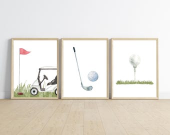 Golf theme wall art, the masters, gold clubs, golf ball, golf tee, golf cart, Sports room nursery decor wall art, 11x14, set of 3, printable