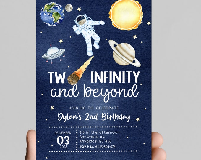 Two infinity and beyond! Space theme boy 2nd birthday invitation, astronaut, outer space, rocket, edit and printable, digital