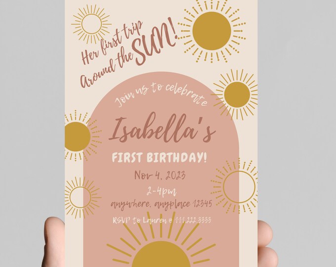 1st First trip around the sun, girl first birthday invitation, boho, chic, trendy, golden sun, editable, printable