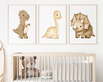 Art mural neutre de chambre de bébé, art mural de chambre à coucher, chambre de bébé, t-rex, dinosaures, 11 x 14, lot de 3 impressions numériques, cadre non inclus