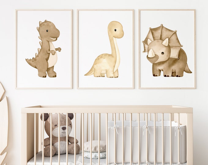 neutral dinosaur nursery wall art, bedroom wall art, baby room, t-rex, dinosaurs, 11x14, set of 3 digital prints, frame not included